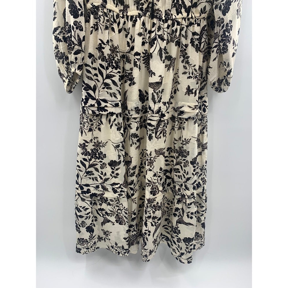 Anne Klein Dress 14 NWT Tiered Midi Maxi Cream Black Floral Bird Print Boho LS - Picture 11 of 16